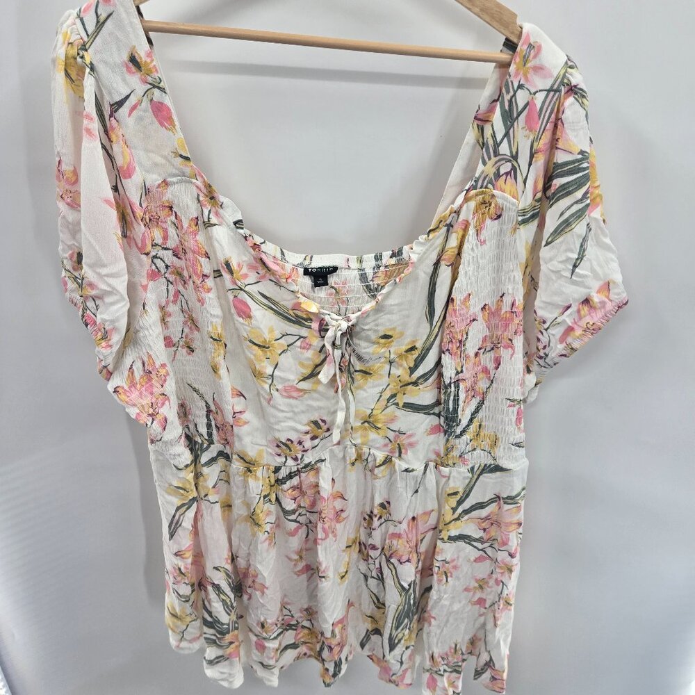 Torrid White Floral Babydoll Crinkle Gauze Smocked Back Puff Sleeve Top 5/5x
